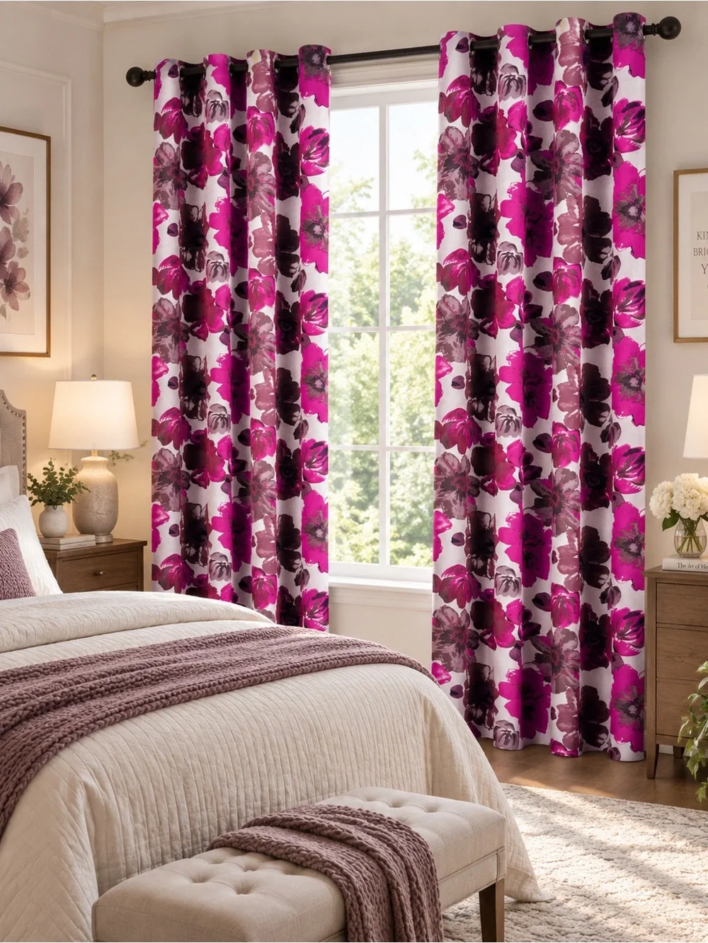 Floral Pink and Magenta Grommet-Top Window Curtains